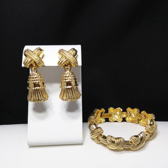 Vintage Ivana Tassel Earrings & Bracelet Set, Gold Plated, 1990s Vintage Jewelry - Picture 8 of 10